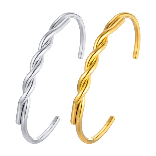 Brazalete abierto vintage de cable trenzado dorado – Joyería de acero inoxidable hipoalergénica para mujer (grabado personalizado disponible) B-606