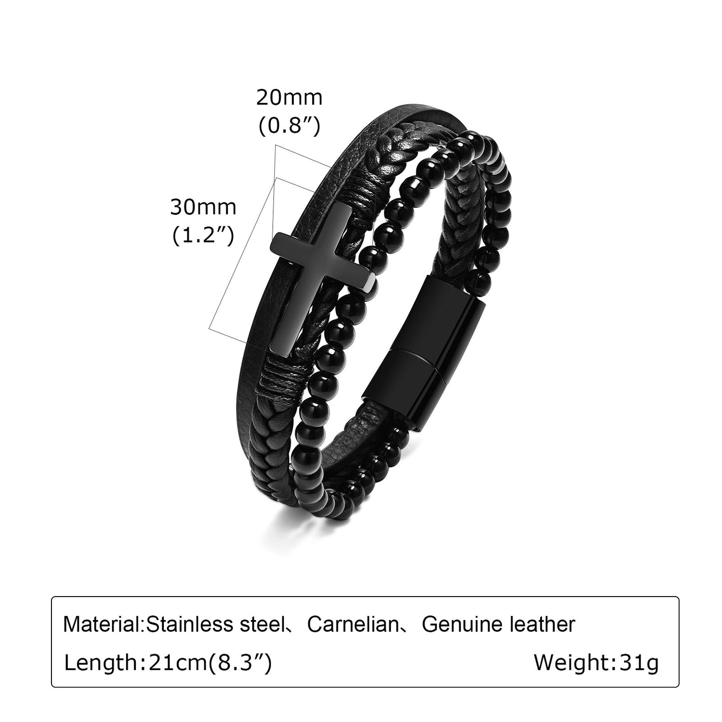 Kemstone Stainless Steel Cross Leather Bracelet for Men – Black Layered Beaded Style BL-641