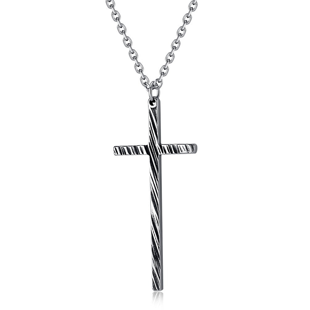 Kemstone Slim Textured Cross Pendant Necklace for Men Stainless Steel Vintage K-PT547