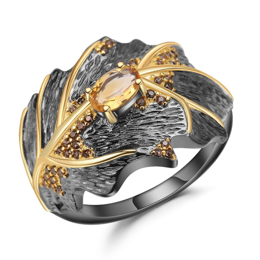 Kemstone 0.81Ct Natural Citrine Ring Designer Leaf Jewelry 925 Sterling Silver Ring for Women,K230809R