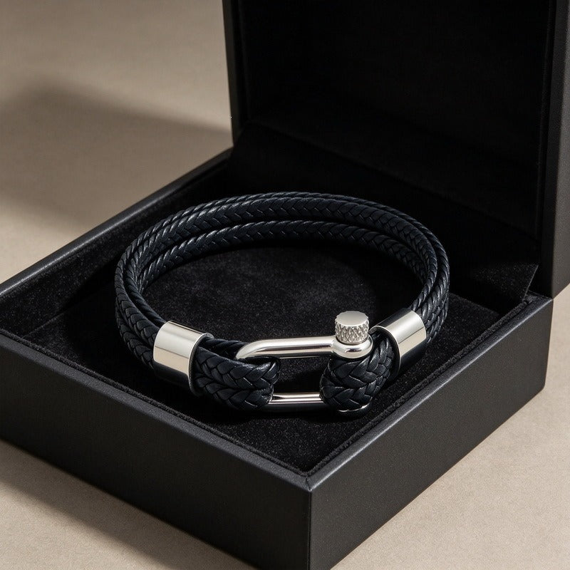 Kemstone Double Strand Braided Cord Bracelet for Men Stainless Steel Shackle Clasp KB214765-SJ