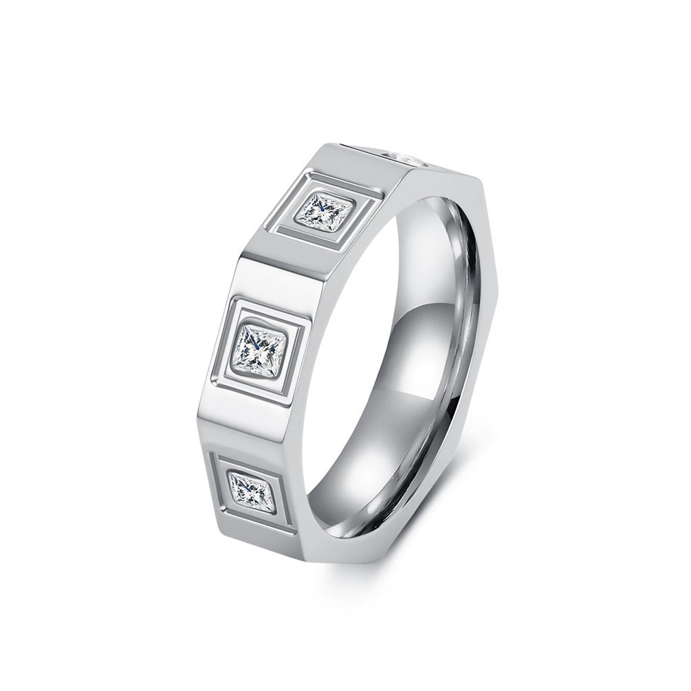 Kemstone Octagonal Cubic Zirconia Geometric Stainless Steel Ring for Men & Women K-R1129