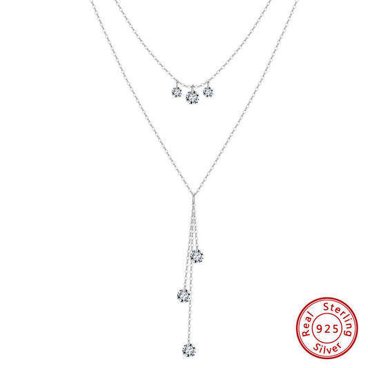 Kemstone Layered 925 Sterling Silver Necklace – Gold & Silver Adjustable Cubic Zirconia Y Pendant Jewelry for Women