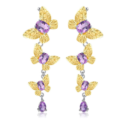 Kemstone Ohrringe aus natürlichem Amethyst/Schweizer Blautopas mit Schmetterlingsdesign, S925 Sterlingsilber, Edelstein-Tropfenohrringe für Damen 