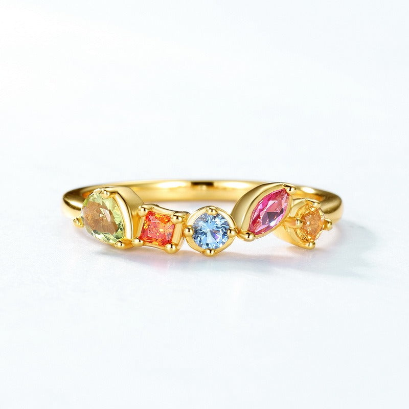 Anillo geométrico arcoíris de plata de ley S925 con diseño original artesanal de Kemstone y nanocircón - Joyería bañada en oro