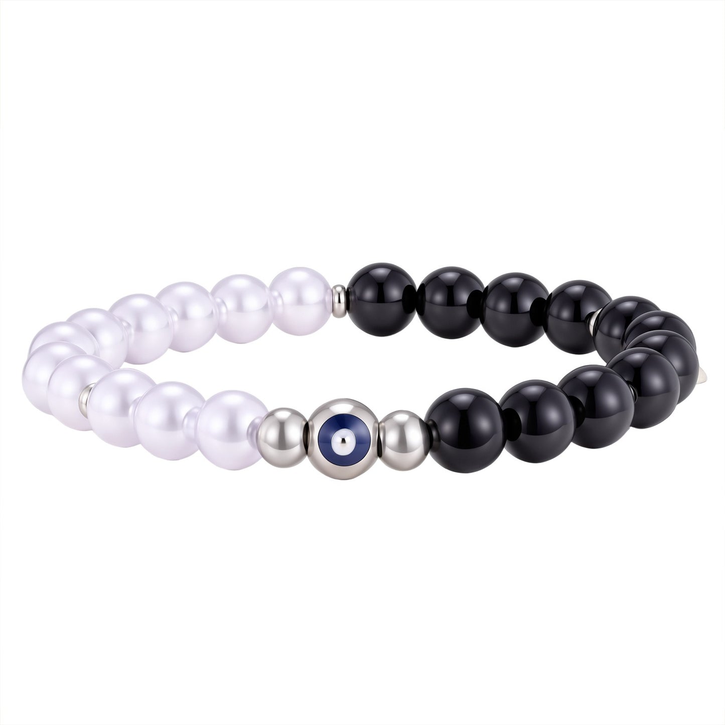 Kemstone Black Onyx Pearl Bead Bracelet for Men Stainless Steel Blue Eye Detail BR-2918