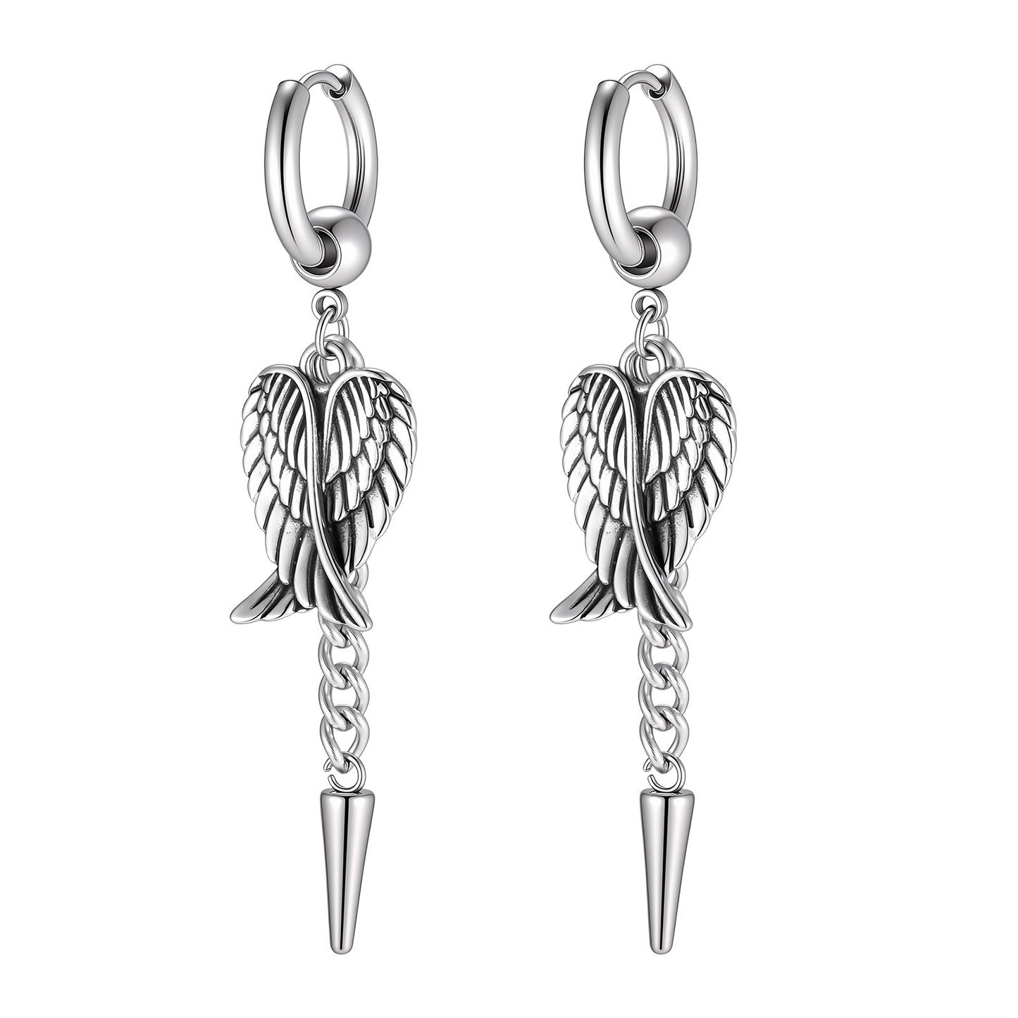 Kemston Stainless Steel Wing Chain Drop Earrings for Men Hip Hop Jewelry ED1109