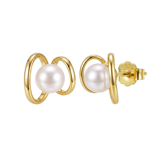 Kemstone Double Loop Shell Pearl Stud Earrings for Women 925 Sterling Silver PSE16