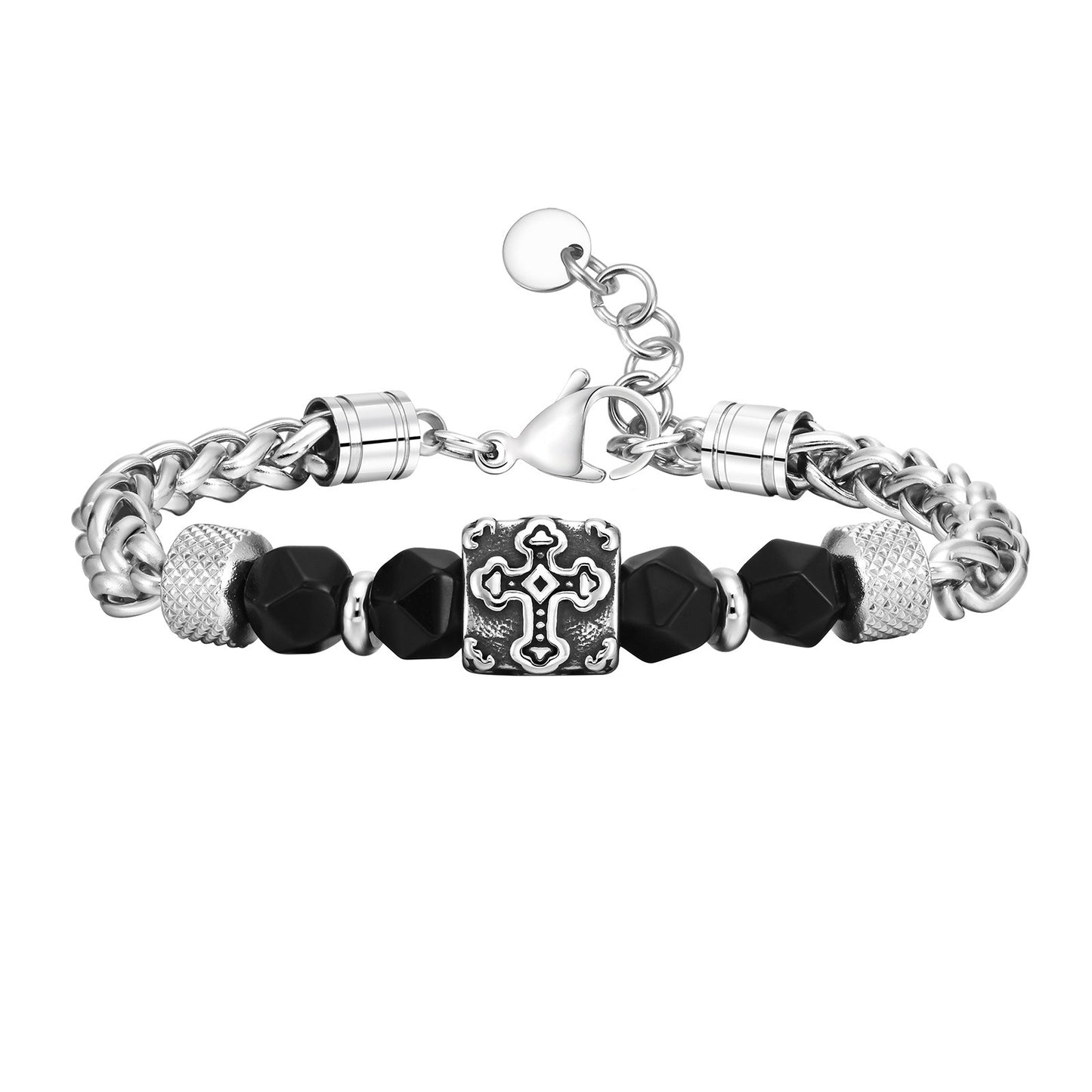 Kemstone Beaded Chain Bracelet for Men Stainless Steel Black Faceted Cross Detail BR-1907