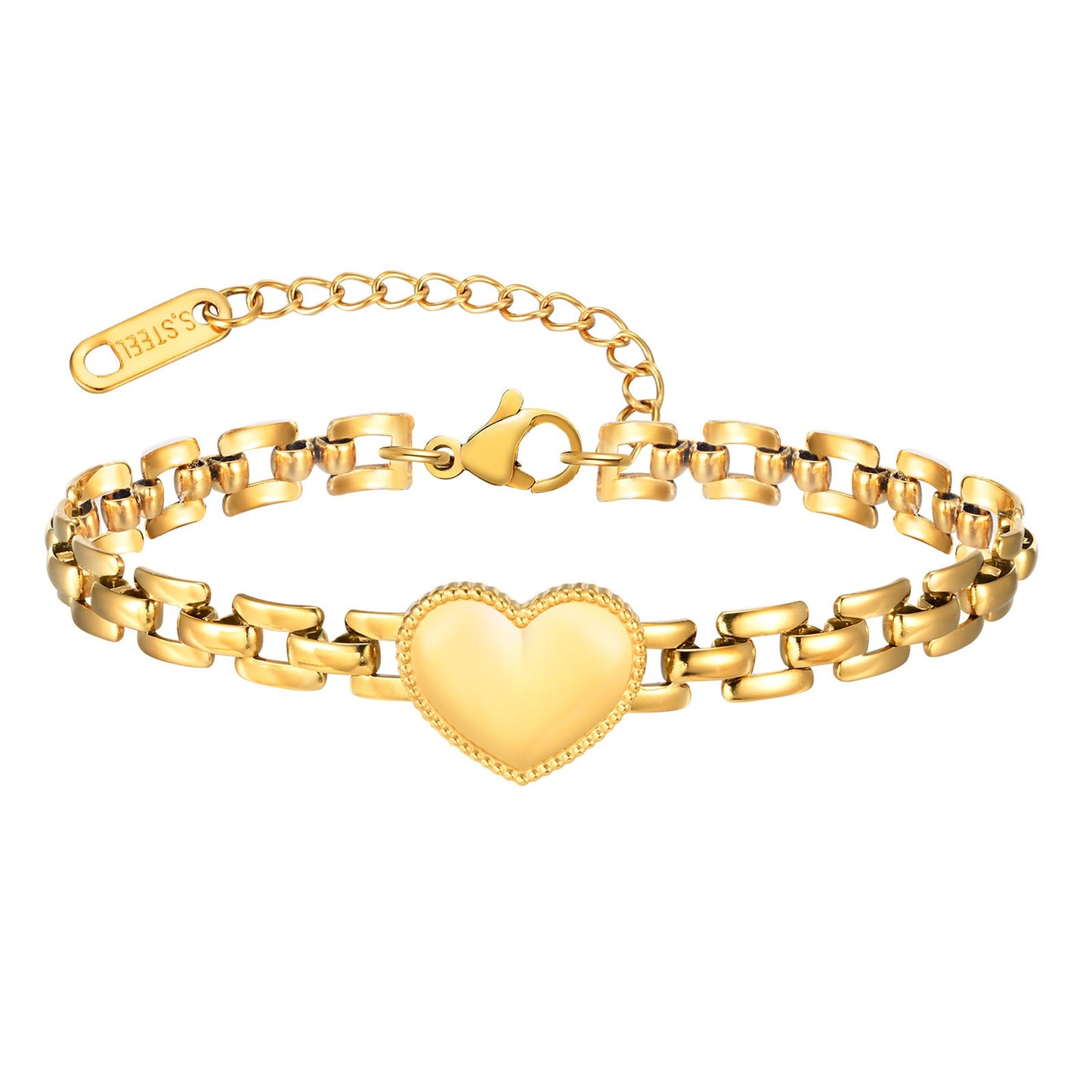 Elegante pulsera de acero de titanio con forma de corazón para mujer - Grabado personalizable, cadena dorada, ideal para uso diario y regalos BR-2370