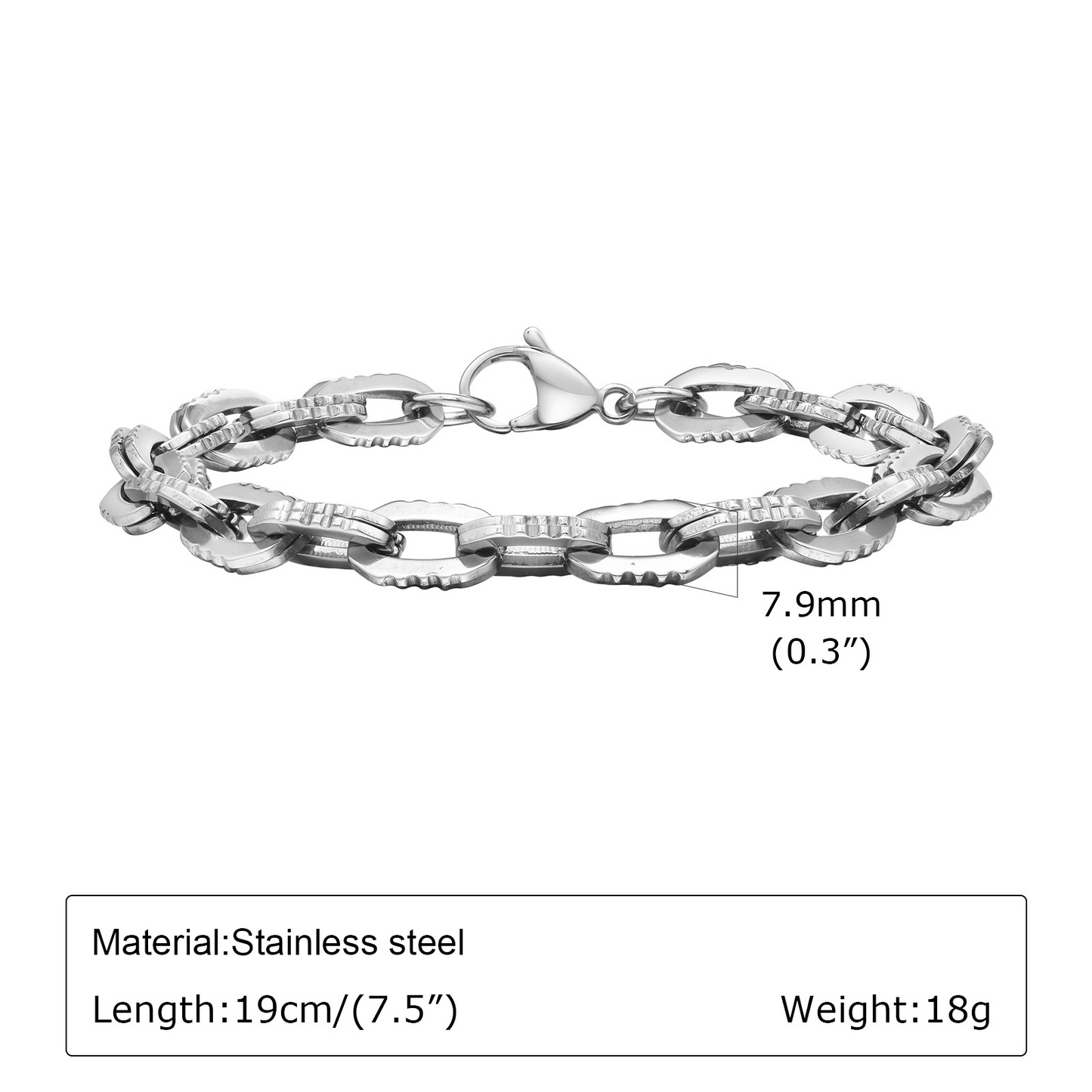 Kemstone Stainless Steel Textured Chain Bracelet for Men – Silver BR-1928