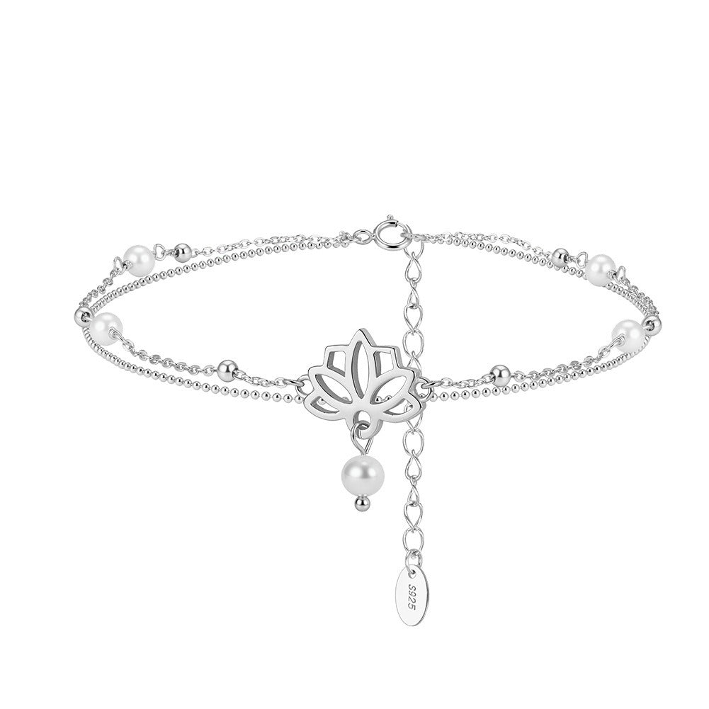 Kemstone 925 Sterling Silver Lotus Anklet for Women Layered Freshwater Pearl Gold Silver SA100