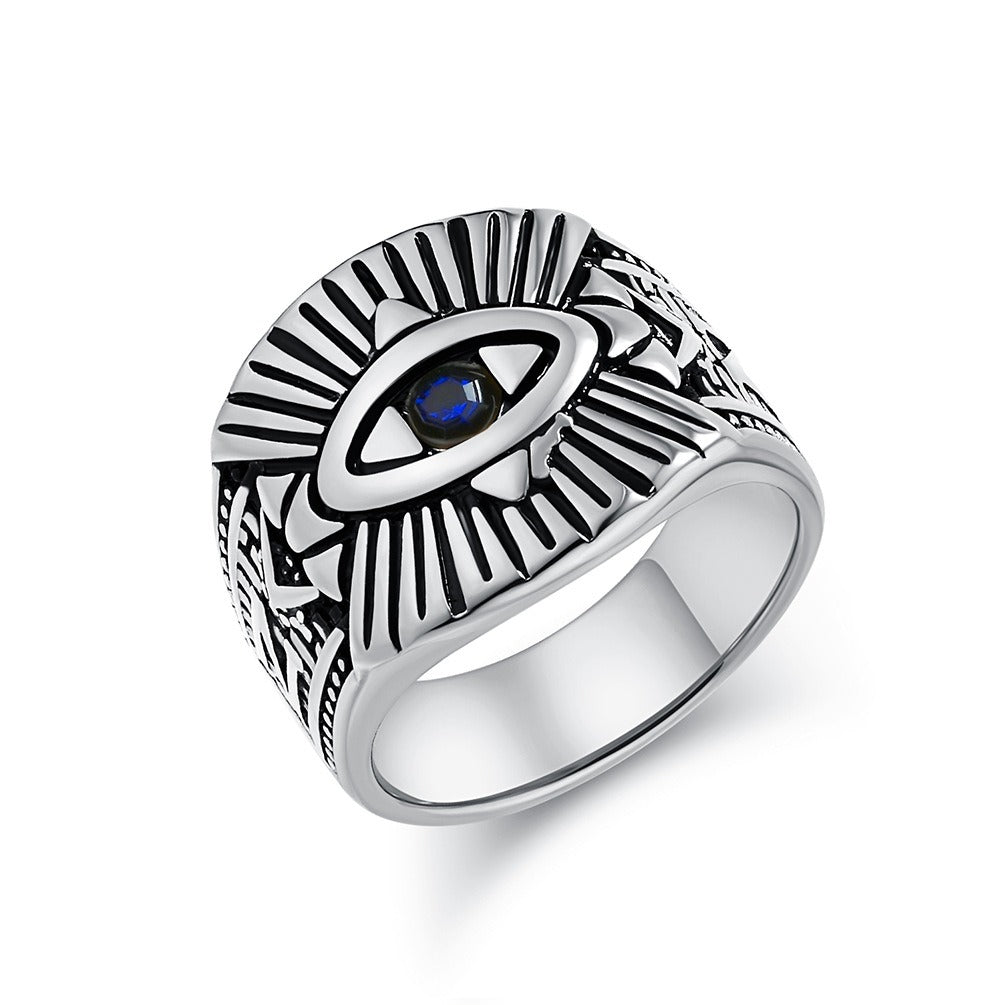 Kemstone Stainless Steel All-Seeing Eye Ring with Blue Zirconia for Men – Vintage Design K-R960