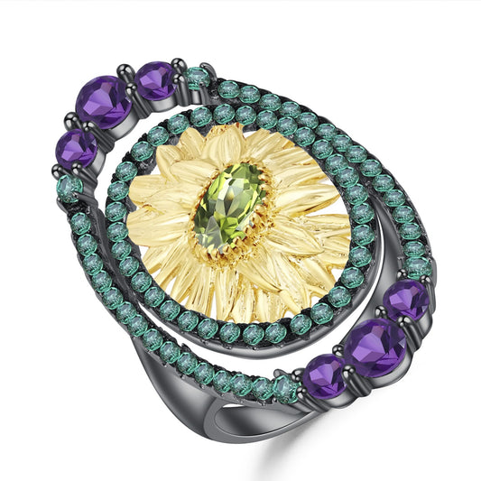 Kemstone Vintage Style Natural Peridot and Amethyst Gemstone Ring | 925 Sterling Silver + Gold Plated,K24426R
