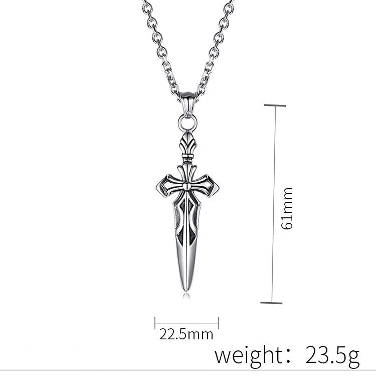 Kemstone Sword Cross Pendant Necklace for Men – Stainless Steel Silver K-PT155