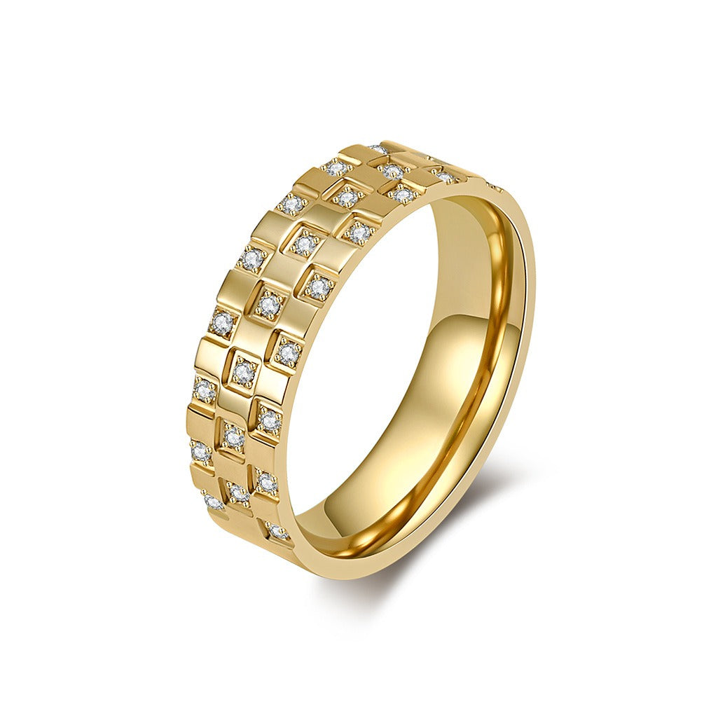 Kemstone Titanium Steel Grid Cubic Zirconia Ring Geometric Design for Men Women K-R743