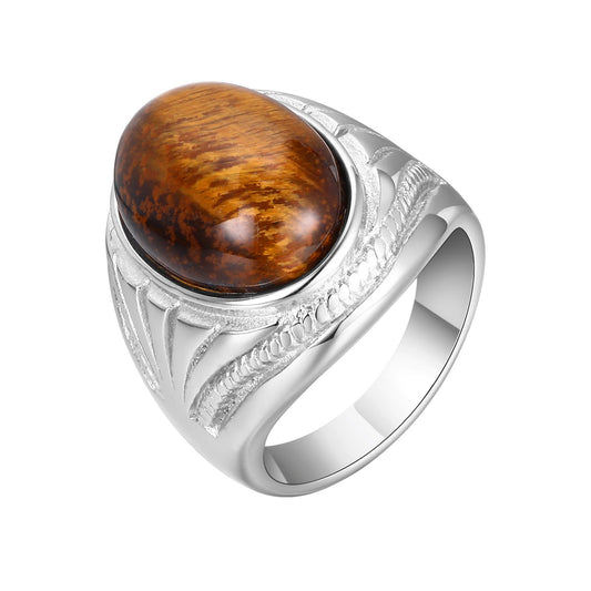 Men's Stainless Steel Tiger Eye Oval Ring – Norse Gothic Power Symbol, Vintage Steel Finish RC687