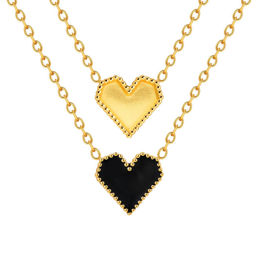 Elegant Stainless Steel Black Enamel Heart Necklace – Gold-Tone Minimalist Design for Women NC-1327