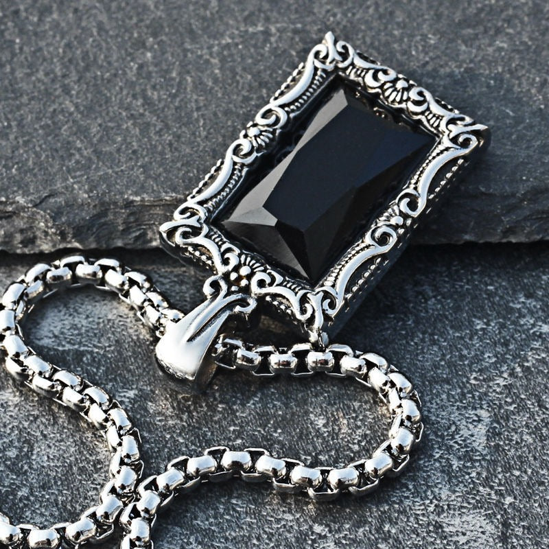 Kemstone Black Stone Pendant Necklace for Men Titanium Steel Vintage Frame P0791