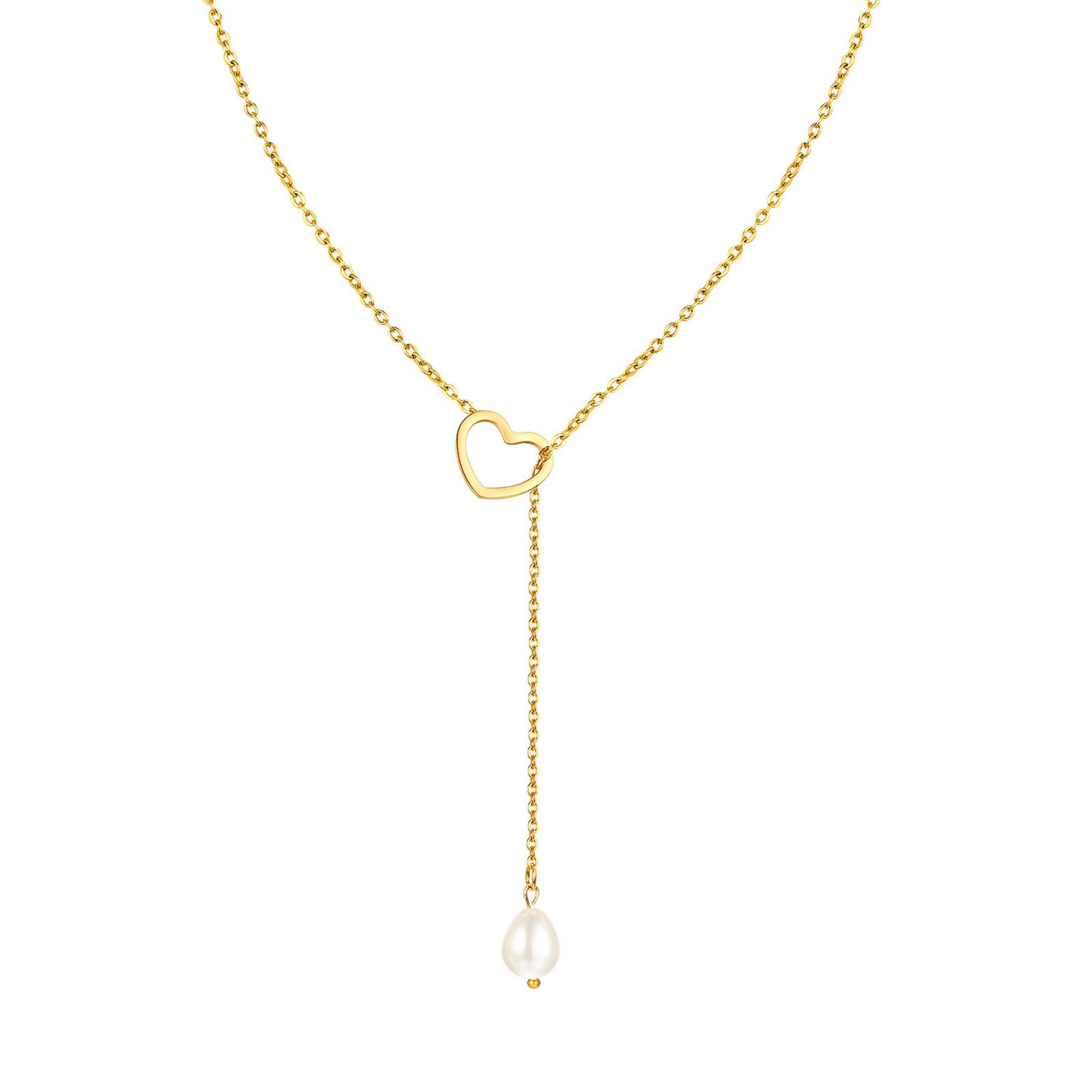 Titanium Steel Flat Cross Chain Necklace with Baroque Pearl & Heart Clasp – Y-Shaped Golden Statement Jewelry for Women NC-1974