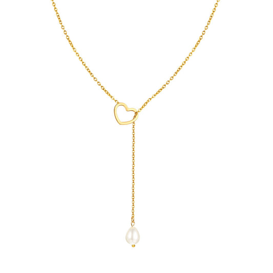 Collar de cadena cruzada plana de acero y titanio con perla barroca y cierre de corazón. Joya dorada en forma de Y para mujer, NC-1974