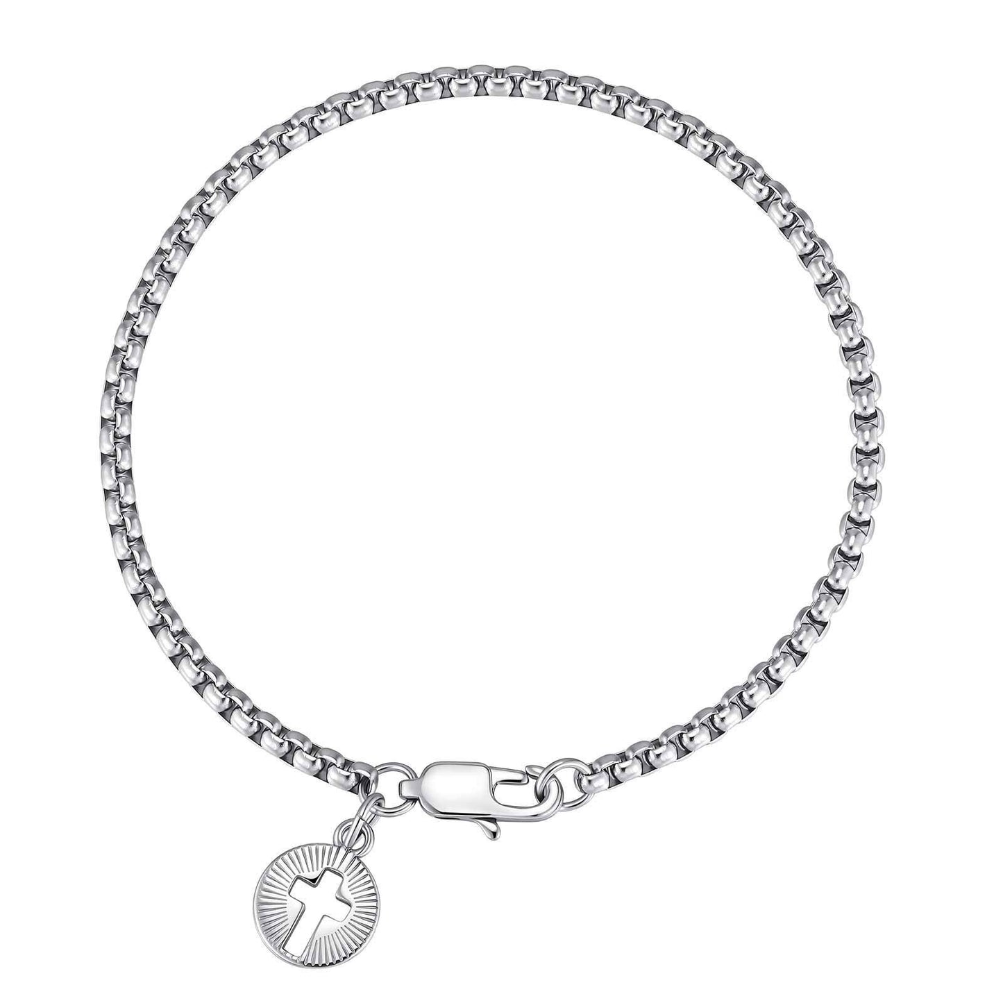 Kemston Stainless Steel Cross Charm Bracelet for Men Silver Round Tag BR-3102