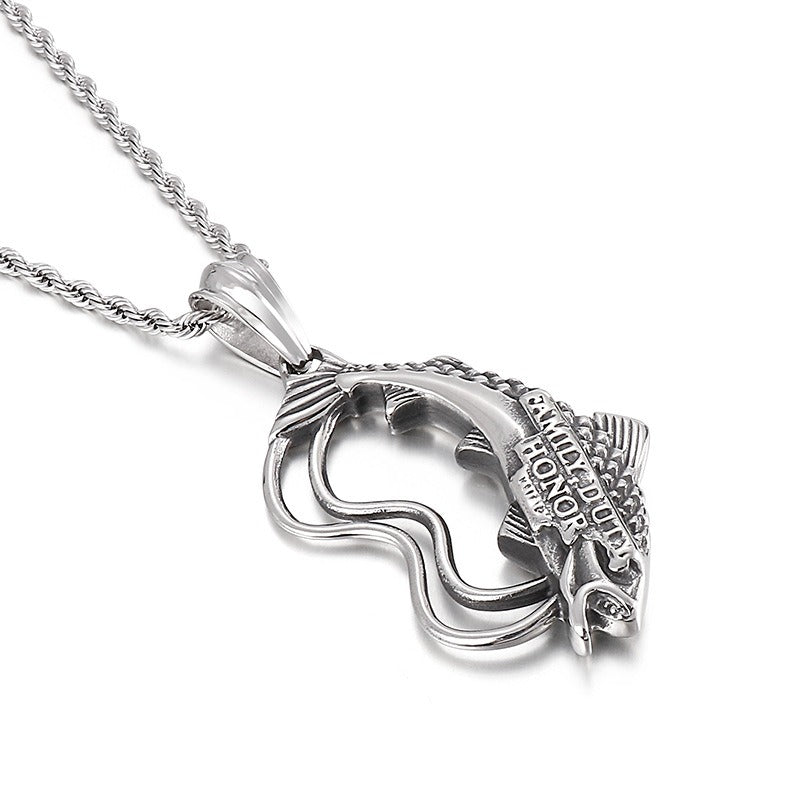 Kemstone Titanium Steel Fish Pendant Necklace for Men Vintage KP48777-BD