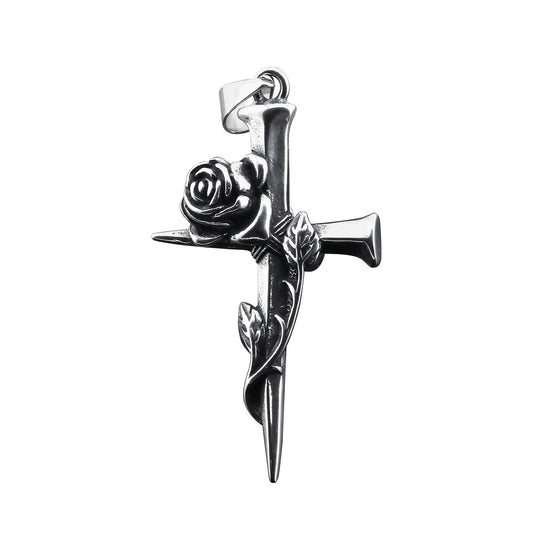 Kemstone Gothic Rose Cross Necklace – Vintage Nail-Detail Stainless Steel Pendant for Men’s Streetwear Style KP130372