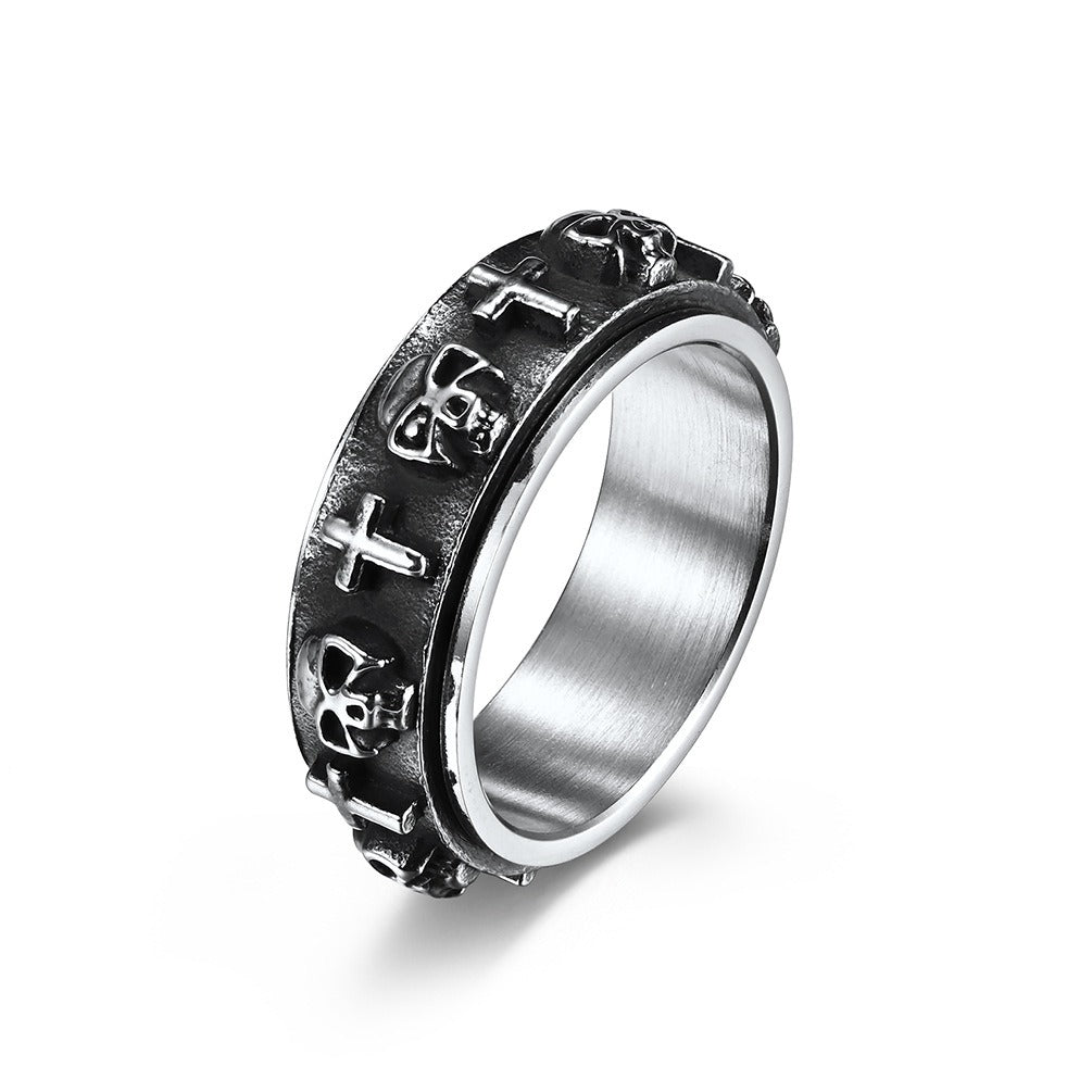 Kemstone Stainless Steel Skull Cross Spinner Ring for Men - Silver Gold Black K-R591