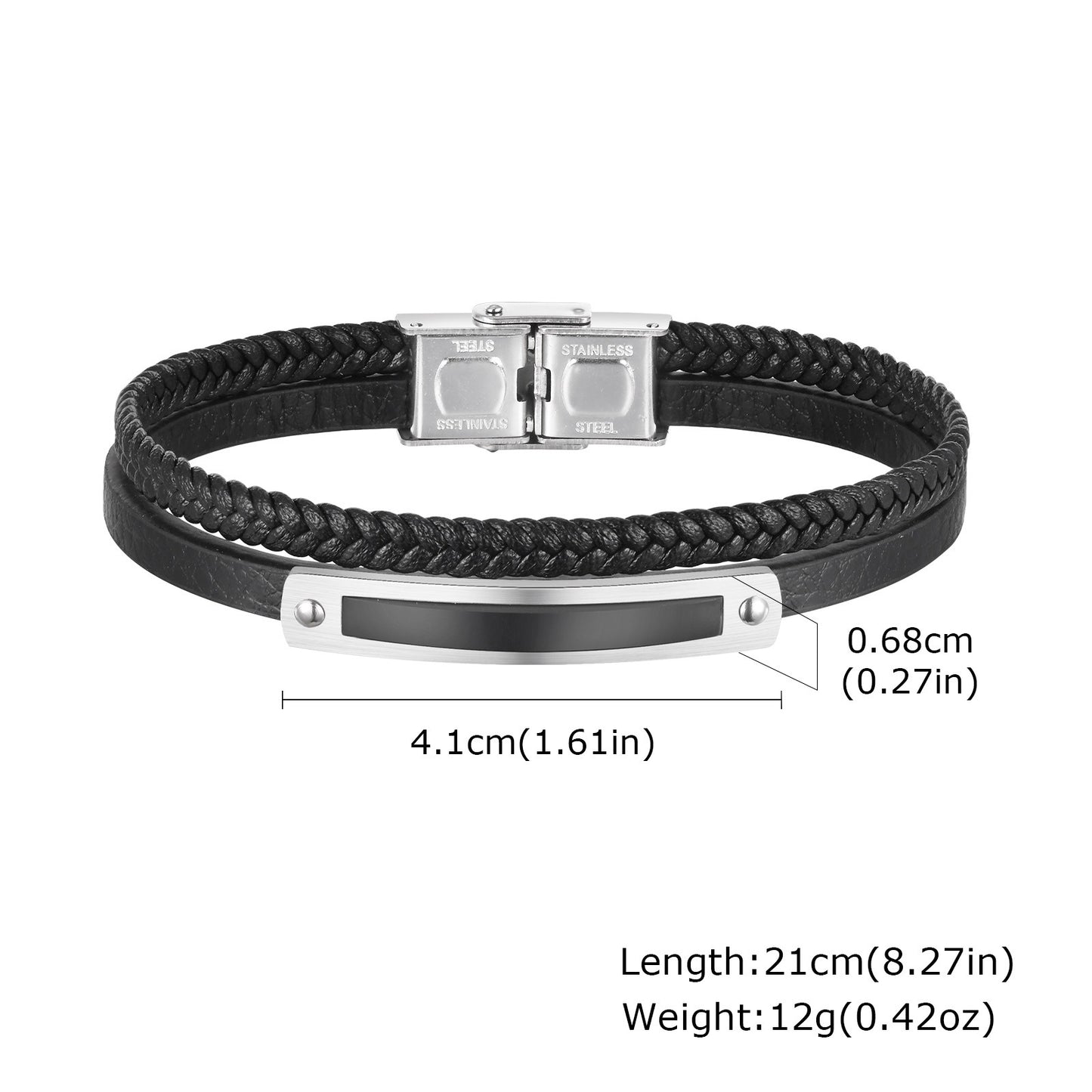 Kemstone Curved Plate Double-Layer Black PU Leather Bracelet for Men BL-782S