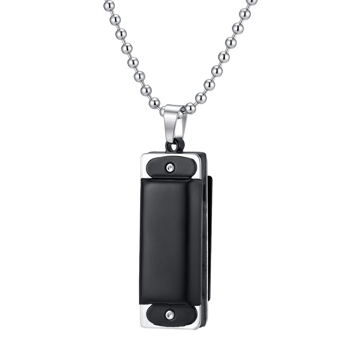 Kemston Black Rectangular Pendant Necklace for Men Alloy Silver Frame Stainless Steel Chain NC-3024