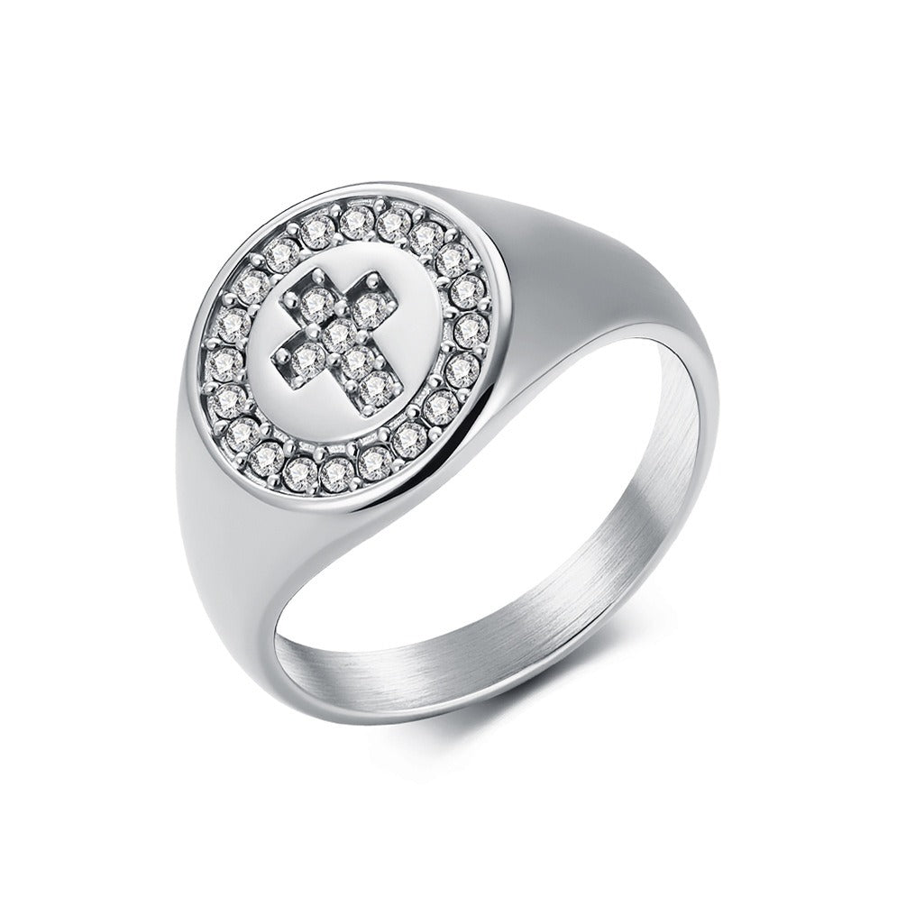 Kemstone Stainless Steel Cross Signet Ring with Cubic Zirconia Halo for Men & Women Gold Silver K-R1139