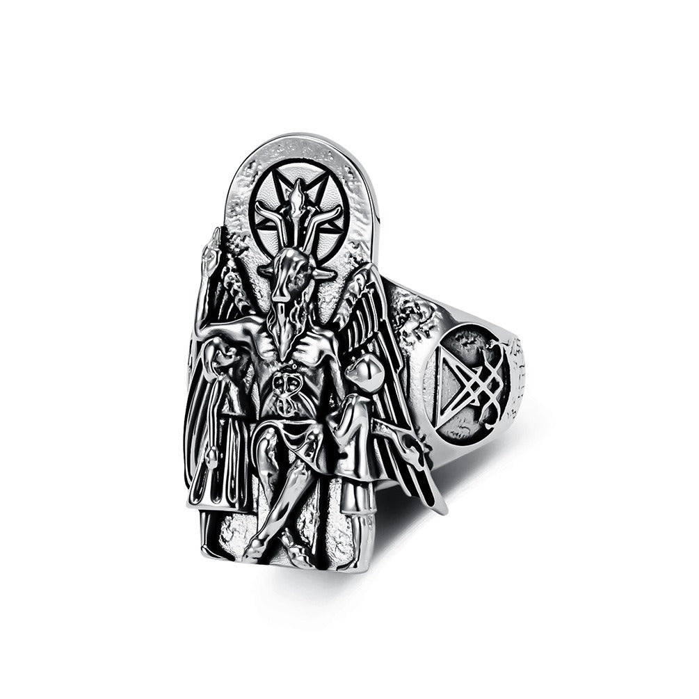 Kemstone Stainless Steel Goat Head Signet Ring – Gothic Vintage Style for Men K-R1154
