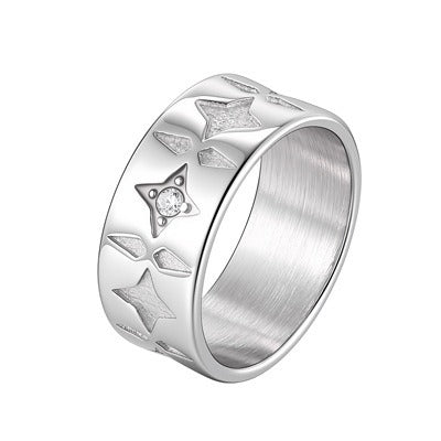 Kemstone Four Point Star Ring for Men Stainless Steel White Cubic Zirconia Wide Band RC-1117