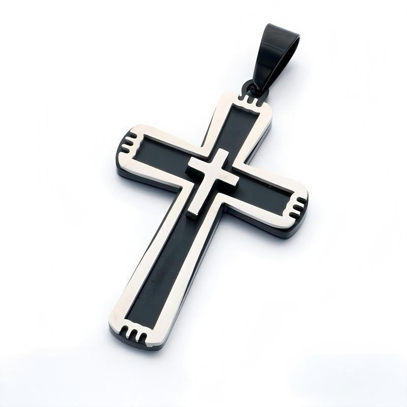 Kemston Double Layer Cross Pendant Necklace for Men Stainless Steel Inset Cross Design KP119384-KL