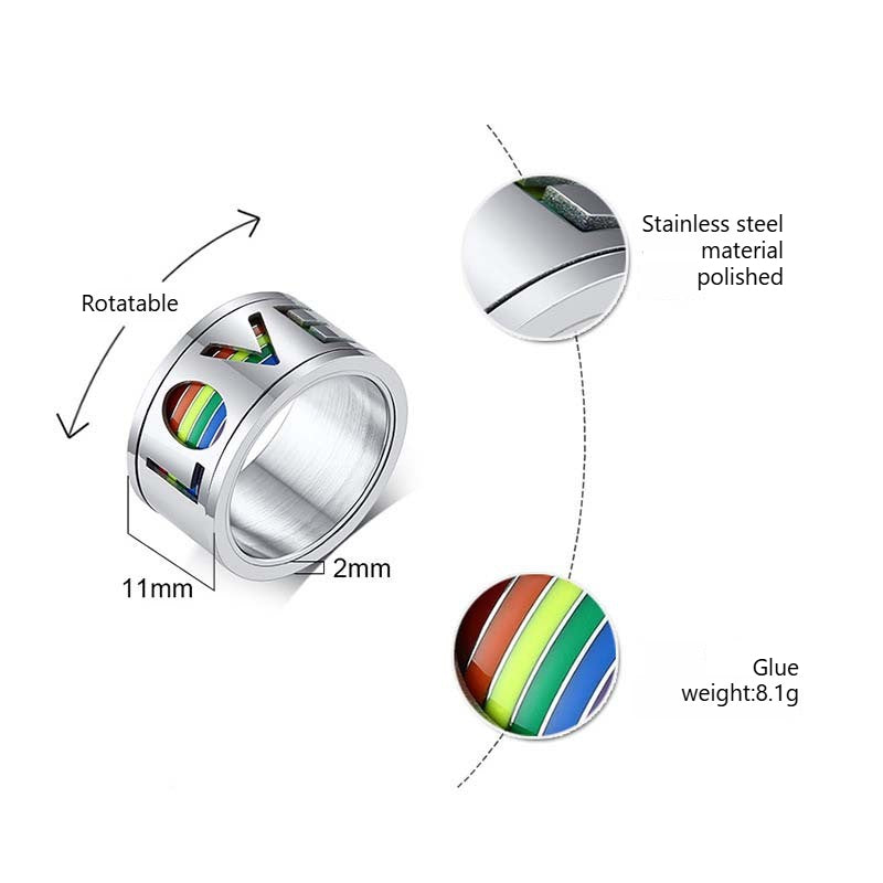 Kemstone Rotating Rainbow Inlay Stainless Steel Spinner Ring for Men – 11mm Band PR-029B