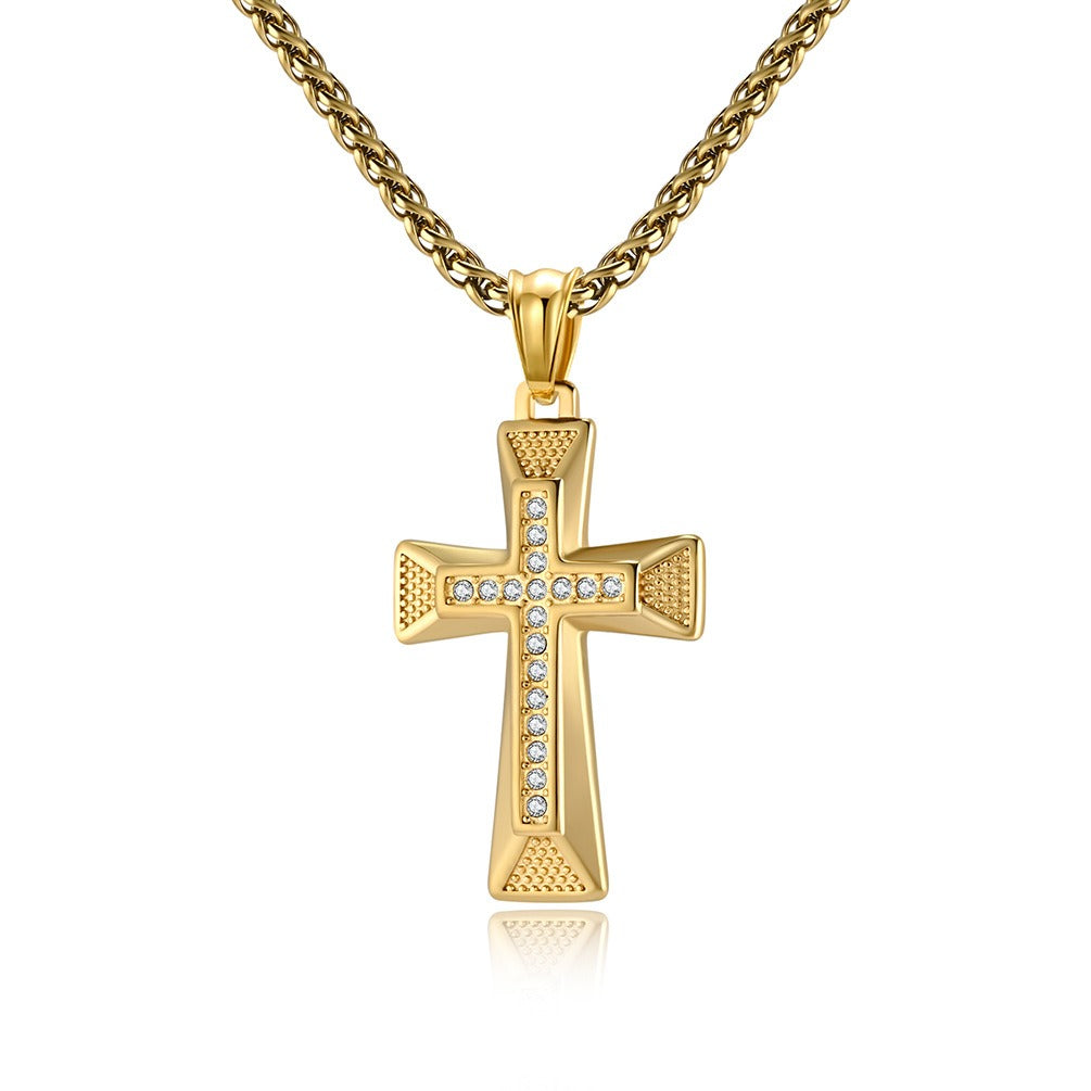 Kemstone Geometric Cross Pendant Necklace for Men Stainless Steel Stone Detail K-PT506