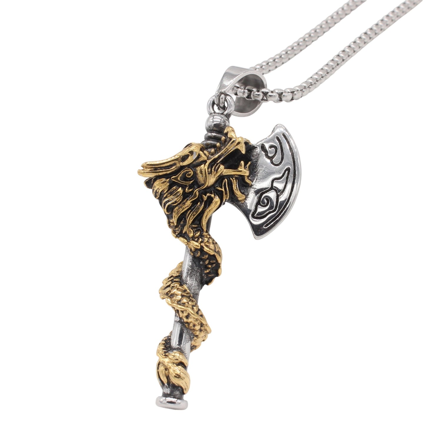 Kemstone Men’s Titanium Steel Dragon Axe Necklace – Viking-Inspired Jewelry A17-P1472