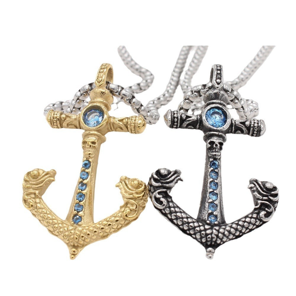 Kemstone Titanium Steel Anchor Pendant Necklace for Men with Cubic Zirconia – Gold & Silver P1411