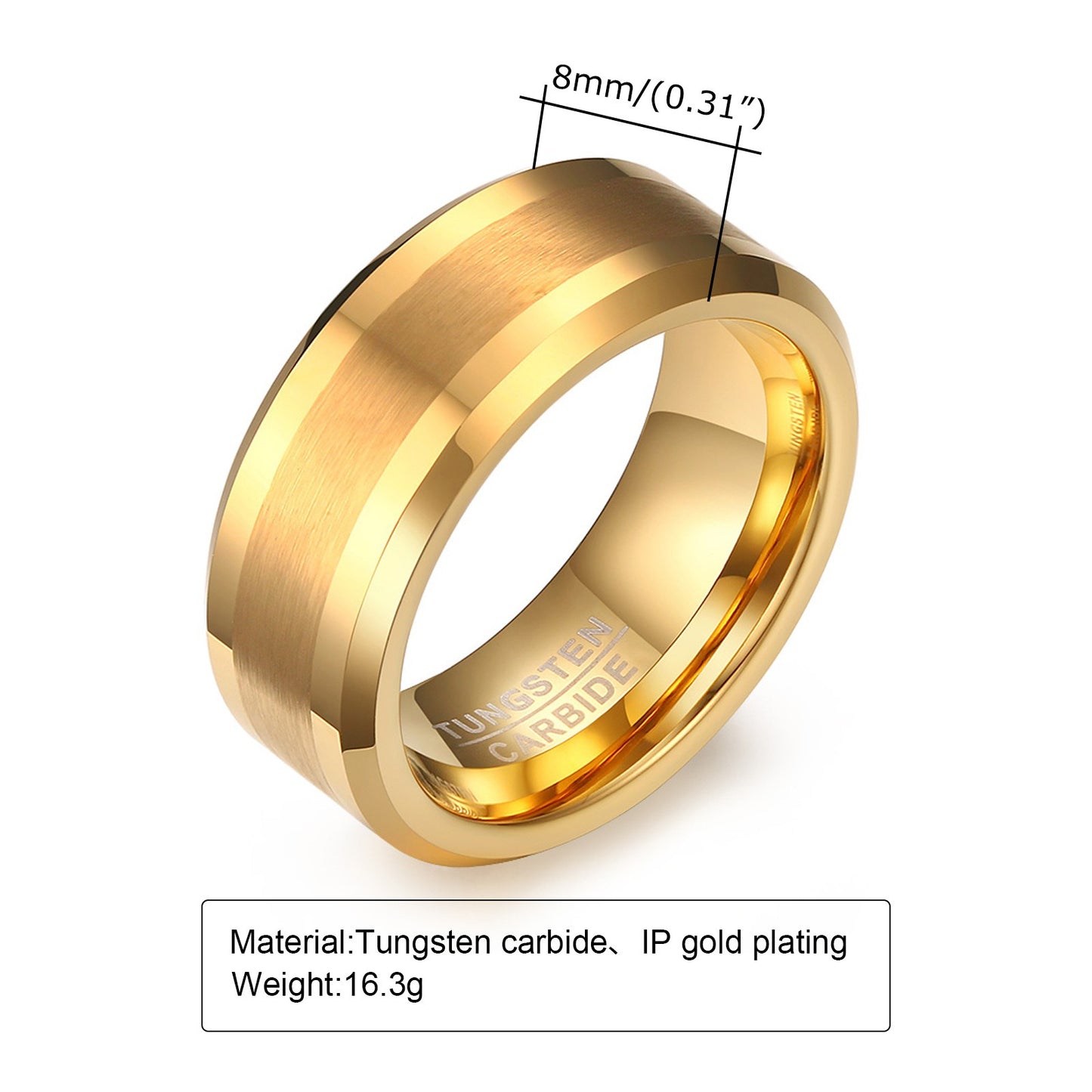 8mm Brushed Gold Tungsten Ring for Men | Heavy Duty IP Plating TCR-040