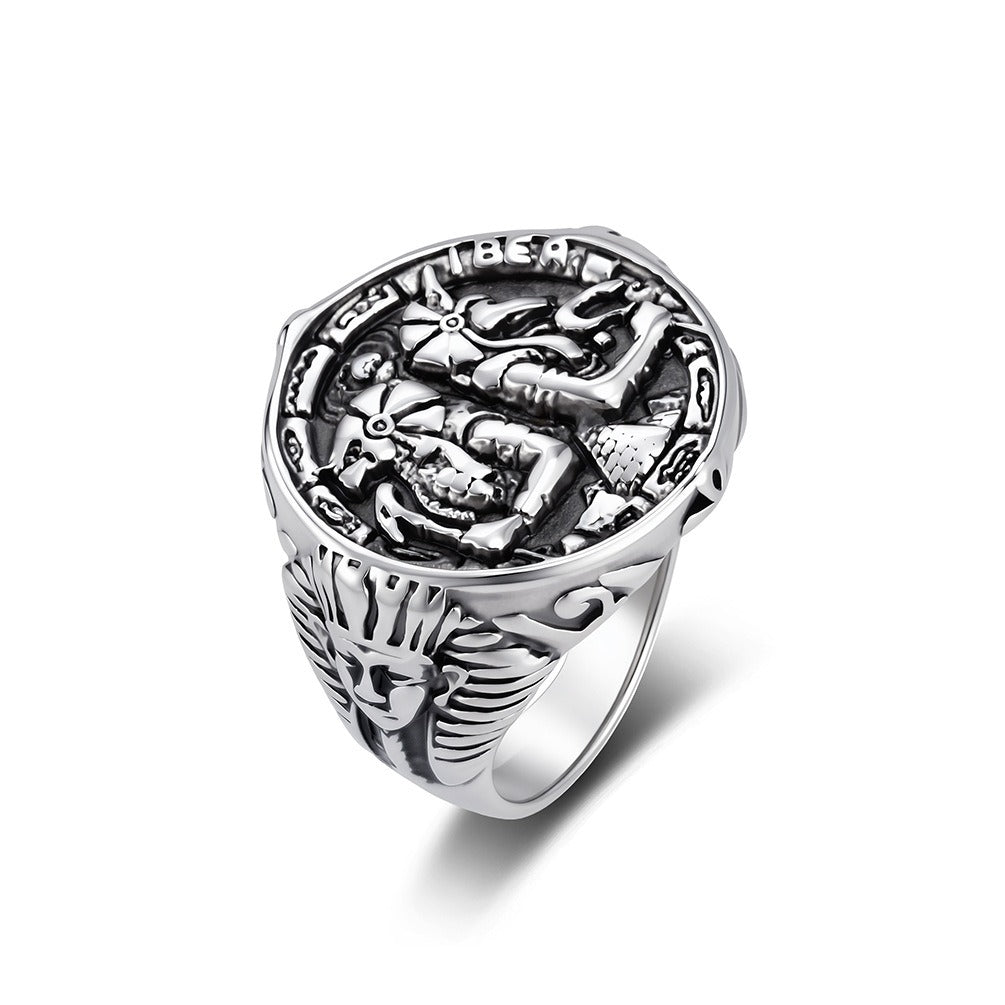 Kemstone Anubis Relief Signet Ring for Men Stainless Steel Egyptian Vintage K-R1216