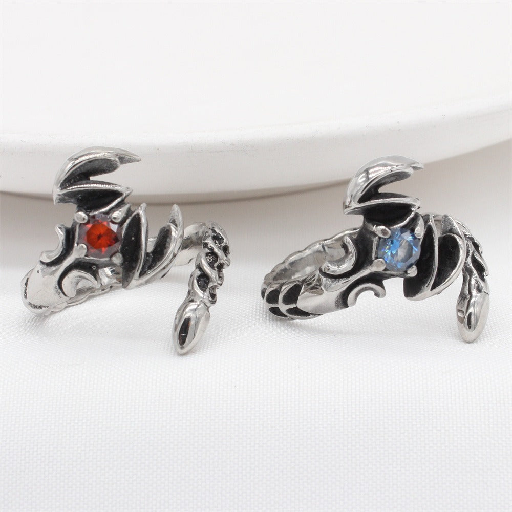 Kemstone Vintage Scorpion Titanium Steel Ring for Men – Red & Blue Cubic Zirconia Inlay R1738
