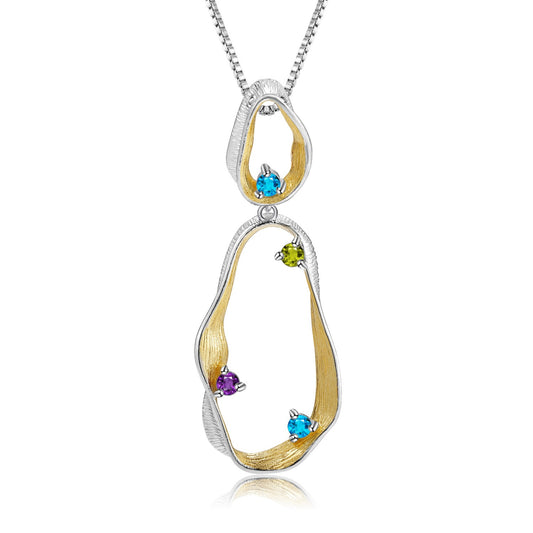 Kemstone Swiss Blue Topaz Peridot Amethyst Pendant Necklace S925 Sterling Silver Plated 2 Tone Jewelry,18"