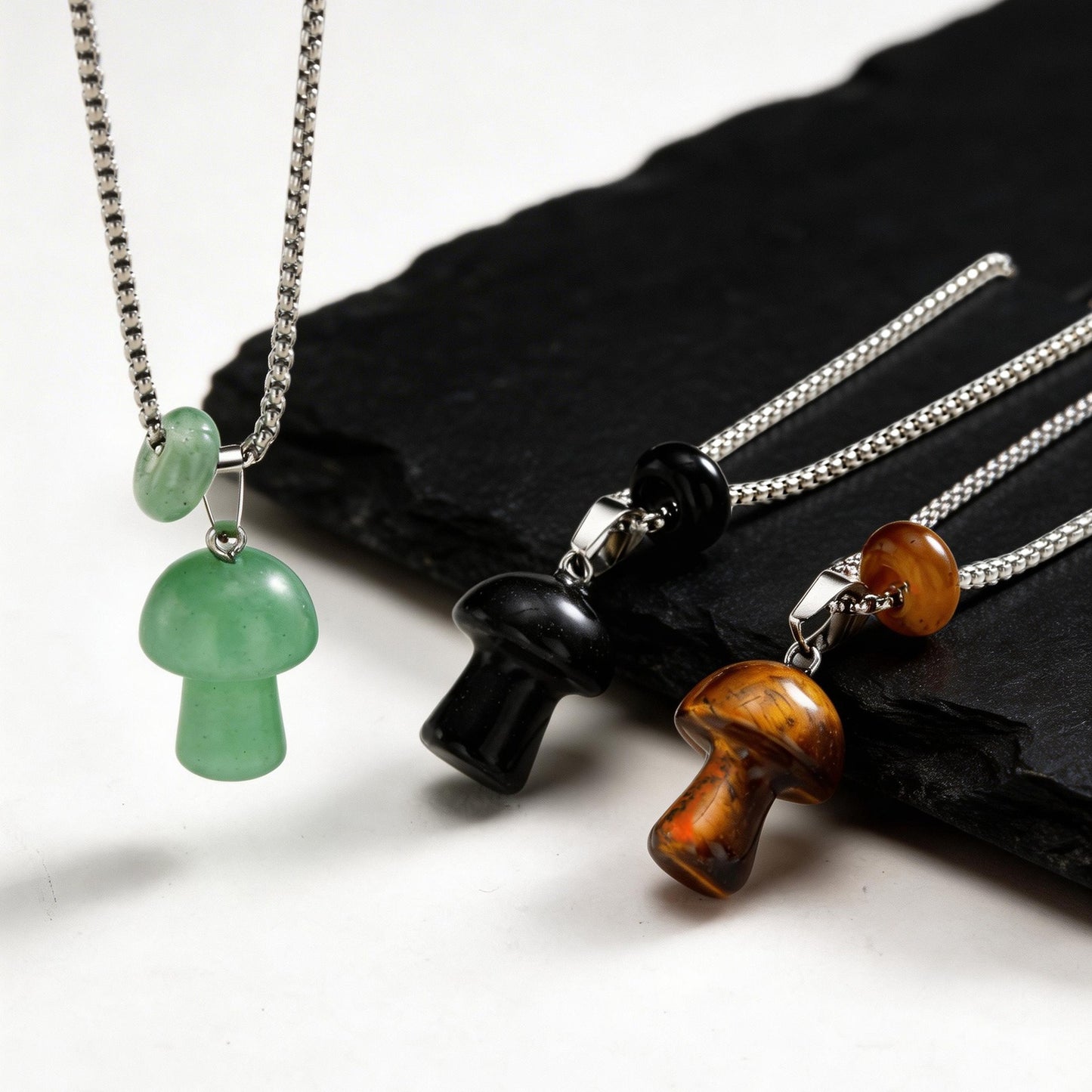 Kemstone Mushroom Pendant Necklace Natural Stone Stainless Steel for Men Women Aventurine Tiger Eye Obsidian NC2875