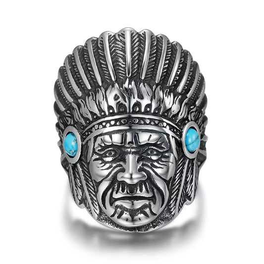Kemstone Stainless Steel Hip Hop Vintage Portrait Turquoise Ring for Men – Silver TR0506