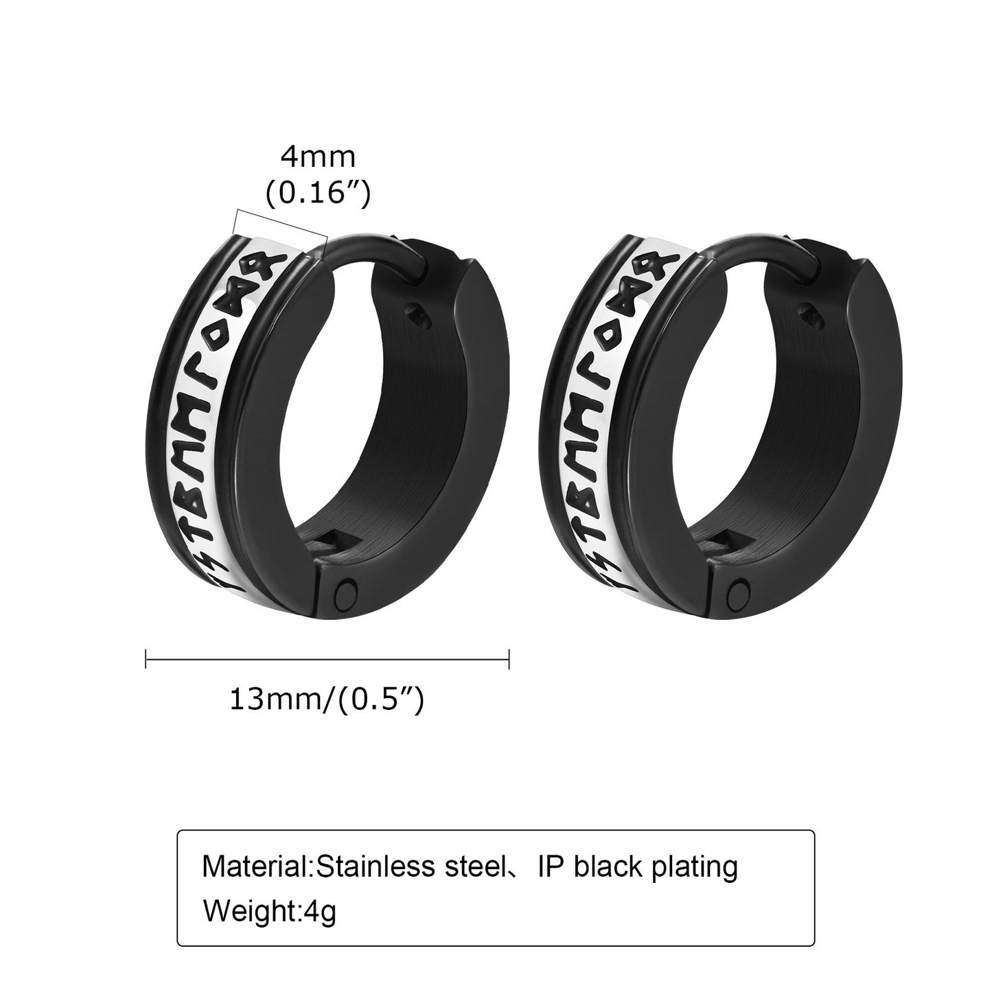 Kemstone Stainless Steel Viking Rune Hoop Earrings – Black IP Engraved Huggie for Men EH-536SB