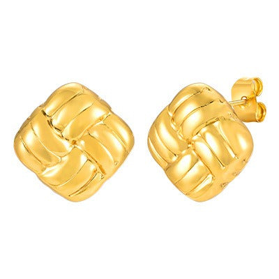 Artisan Woven Square Earrings – Geometric Gold-Tone Stainless Steel Jewelry for Modern Women ES627