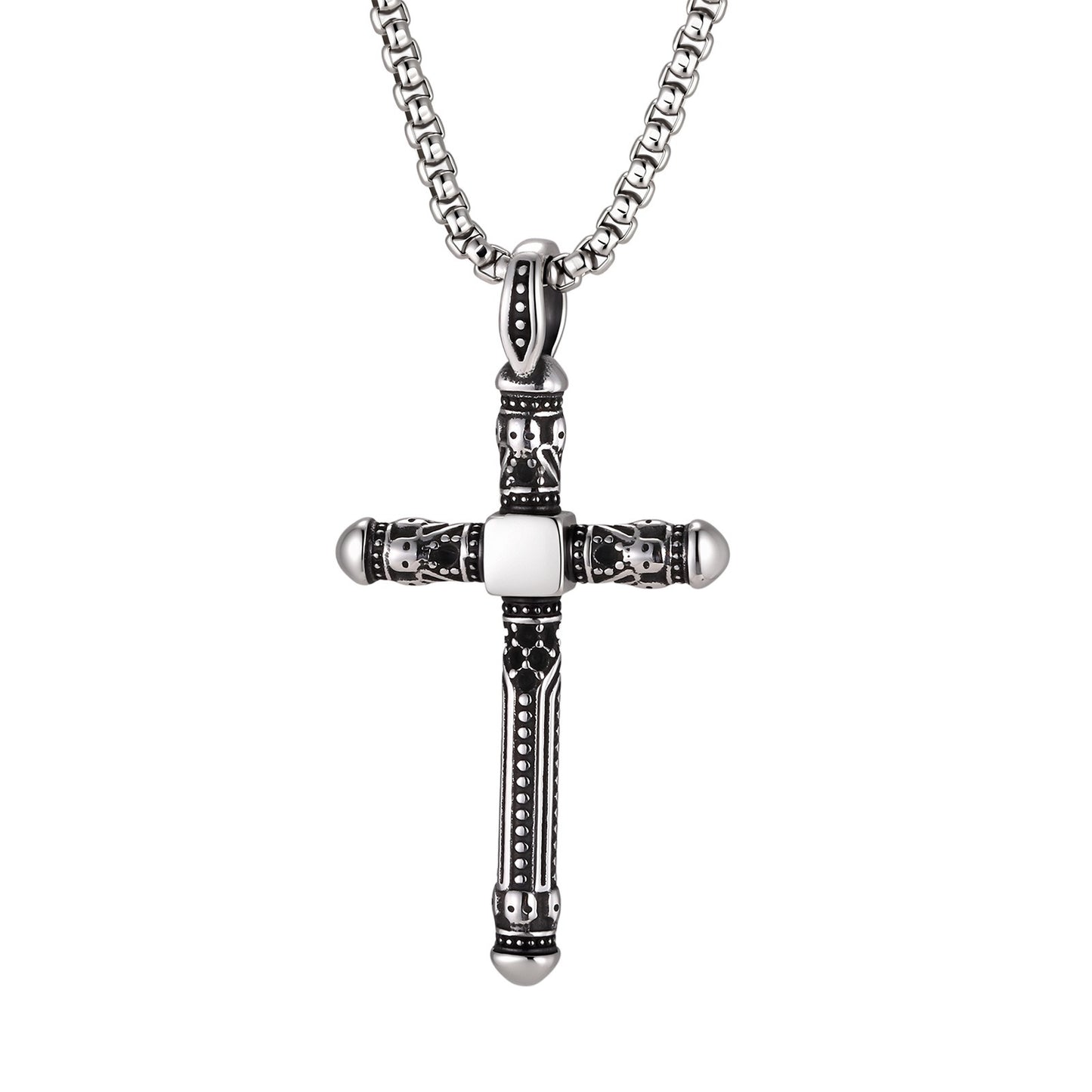 Kemston Cross Necklace for Men Black Cubic Zirconia Vintage Engraved Stainless Steel Pendant PN-2411
