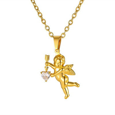 Kemstone Cupid Pendant Necklace for Men & Women Gold Plated Stainless Steel Heart Accent PN-2279