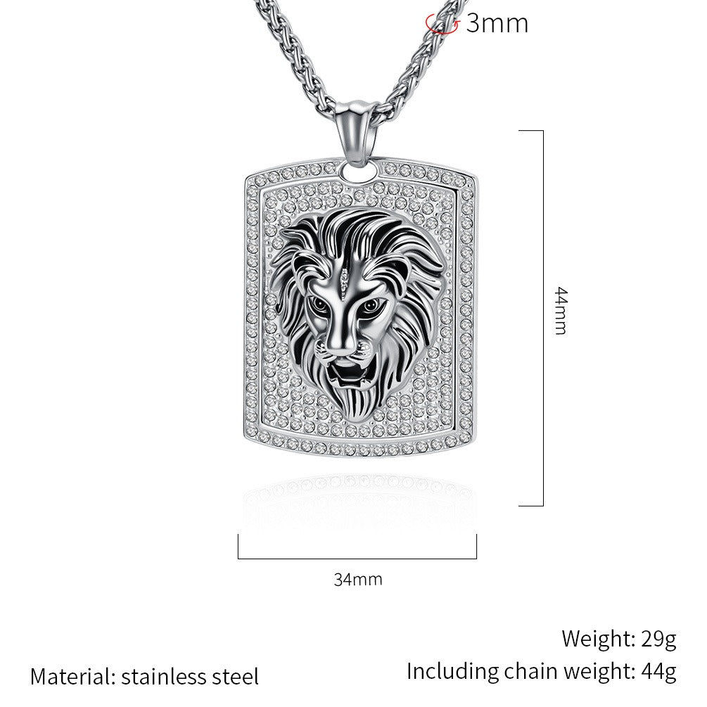 Kemstone Stainless Steel Lion Head Pendant Necklace for Men Iced Rhinestone Tag K-PT718
